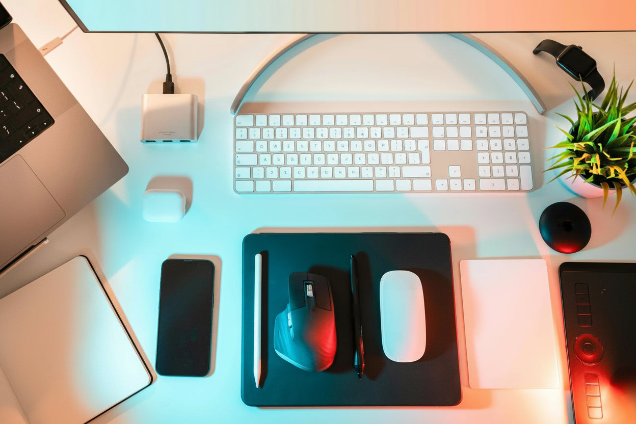 Modern office desk setup with computer monitor, keyboard, mouse, smartphone, and plant.
